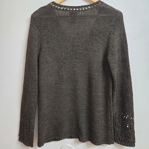 Chicos Womens Goblin Boho Forest Green Crotchet Trim Knit V-Neck Sweater Size 1 - Picture 6 of 12